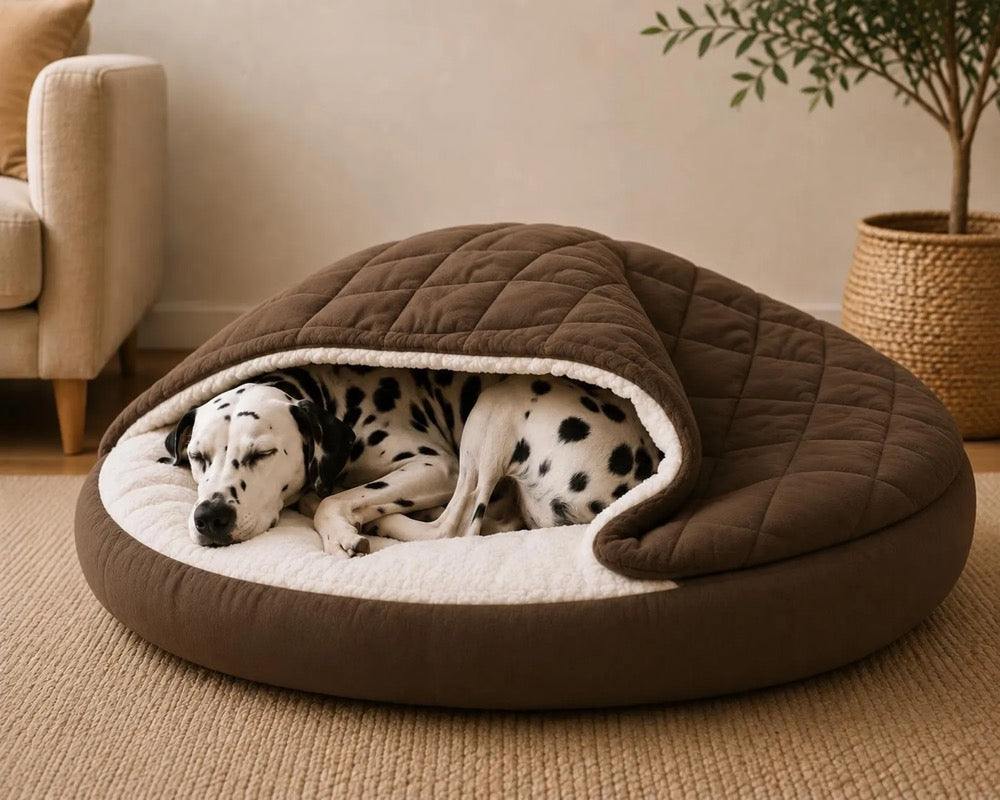 Luxury Dog Cave Bed | Washable Hooded Pet Bed for Large Dogs | Cozy Calming Dog Furniture